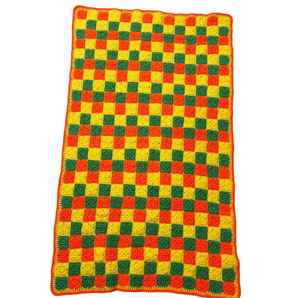 Vintage MidCentury Crochet Throw Blanket Granny Square Green Orange Yellow - Picture 2 of 3
